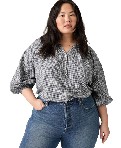 Levi's Women's Reverie Split V-Neck Blouse - Ceicil Even Micro Check Peacoat