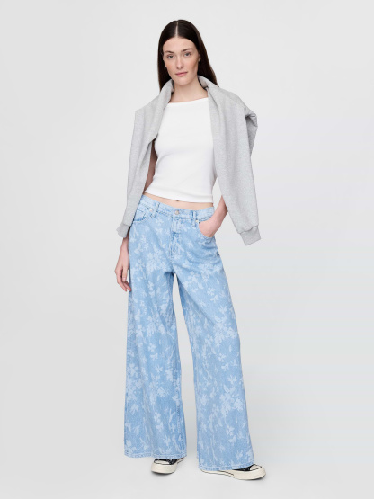 Mid Rise Denim Stripe Baggy Jeans - Light indigo floral