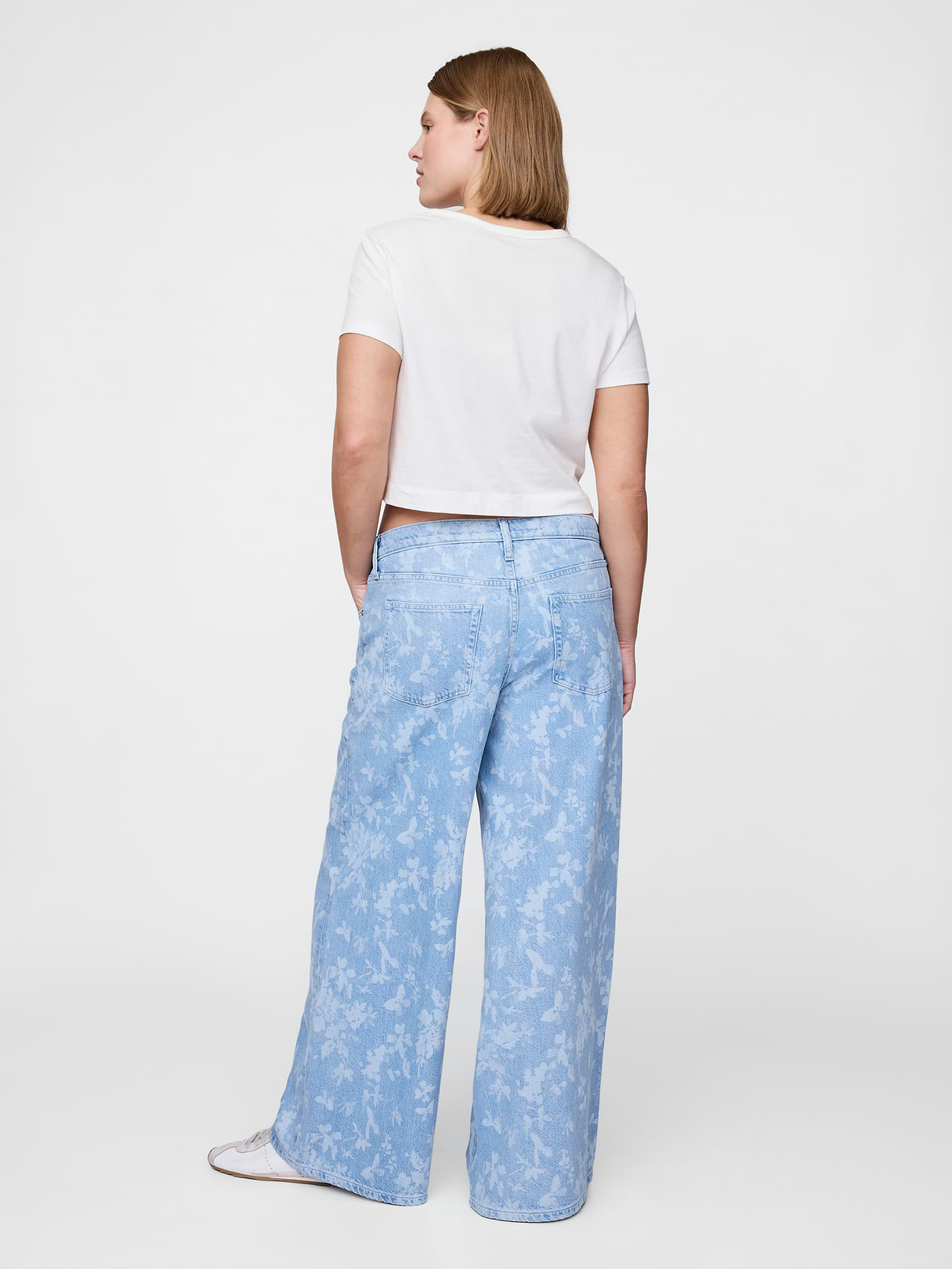 Mid Rise Denim Stripe Baggy Jeans - Light indigo floral