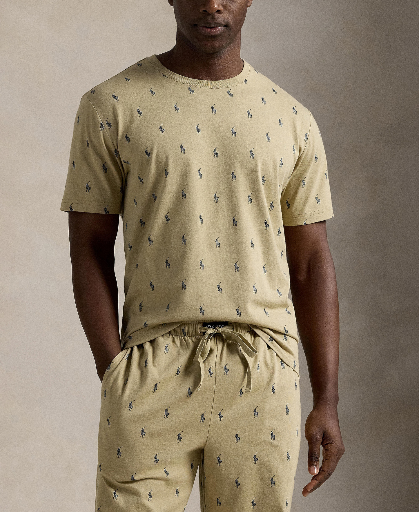 Polo Ralph Lauren Men's Crewneck T-Shirt and Pajama Pants, 2-Piece Set - Classic Khaki/ Cruise Navy All Over Polo Player