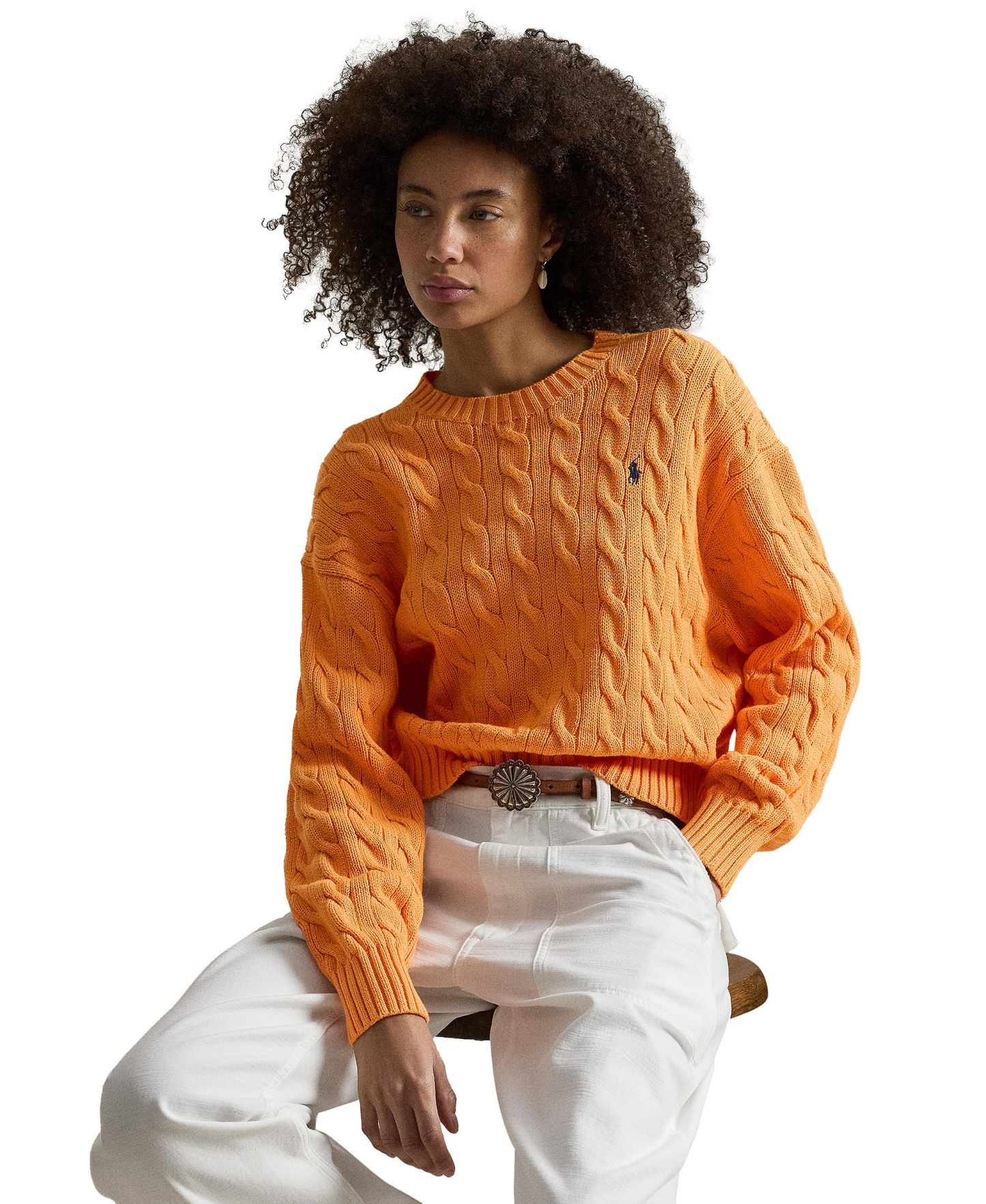Polo Ralph Lauren Women's Cable-Knit Cotton Crewneck Sweater - Soft Clementine