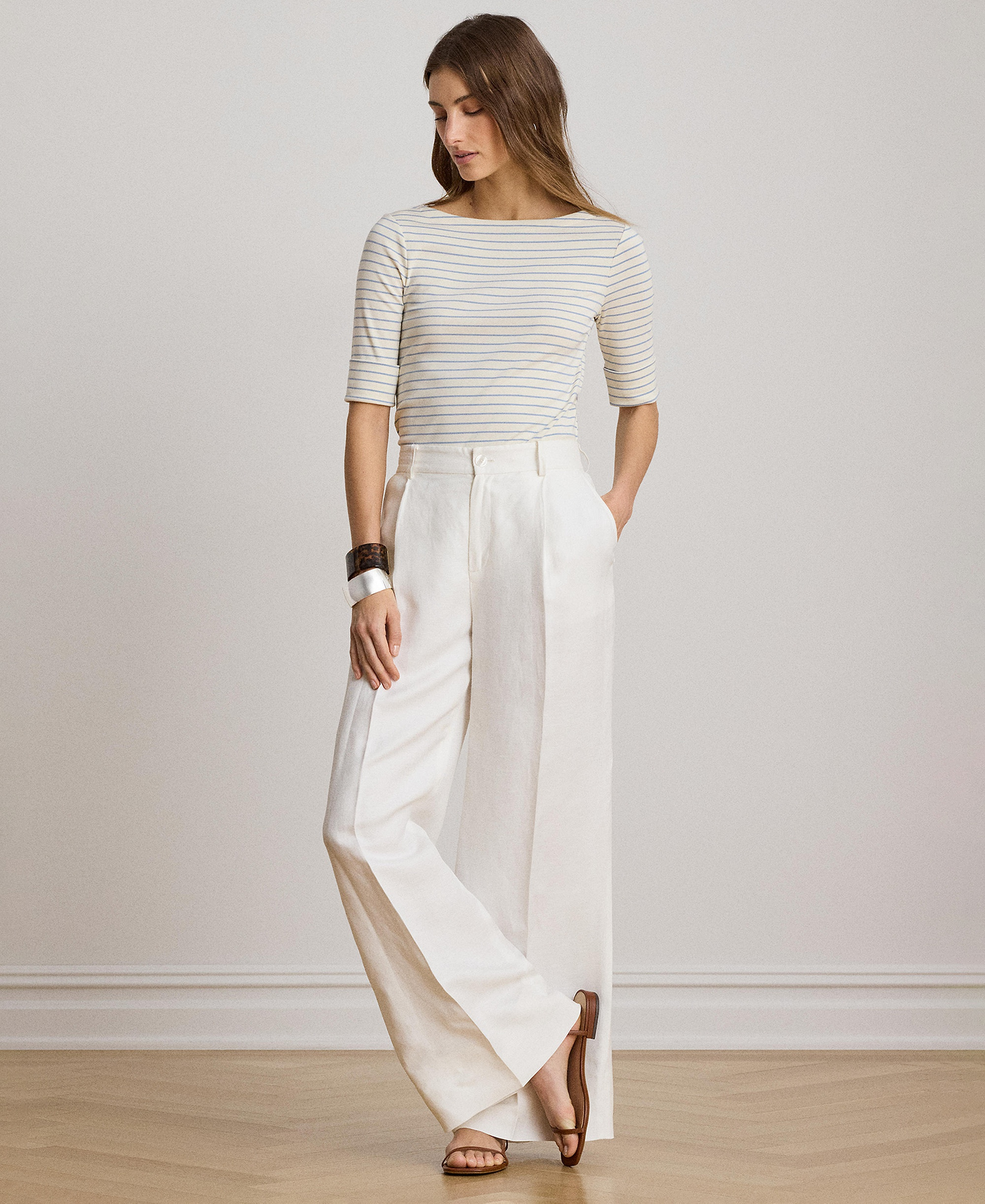 Lauren Ralph Lauren Women's Striped Boat Neck Top - Mas Cream/dusty Sky