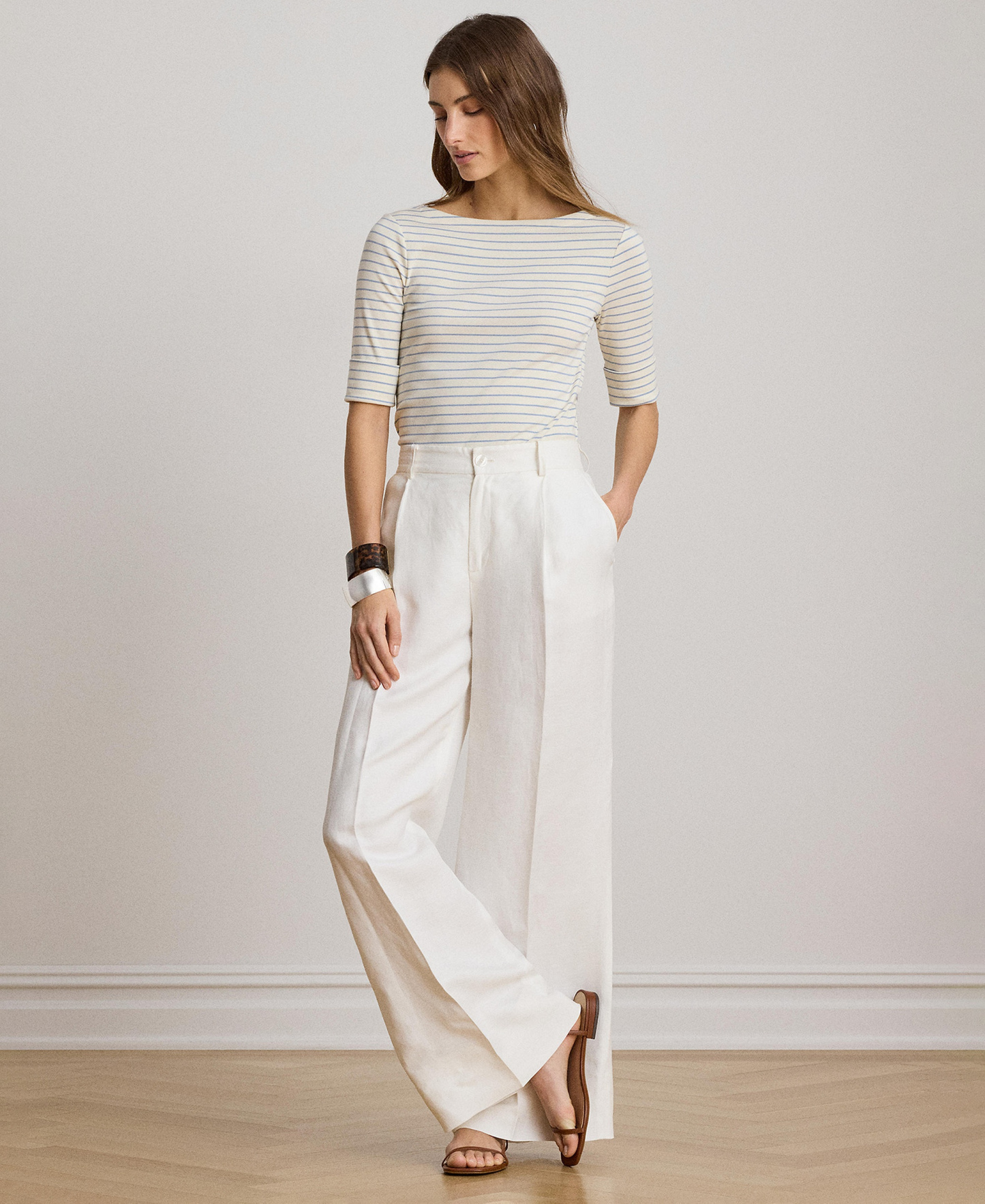 Lauren Ralph Lauren Women's Striped Boat Neck Top - Mas Cream/dusty Sky