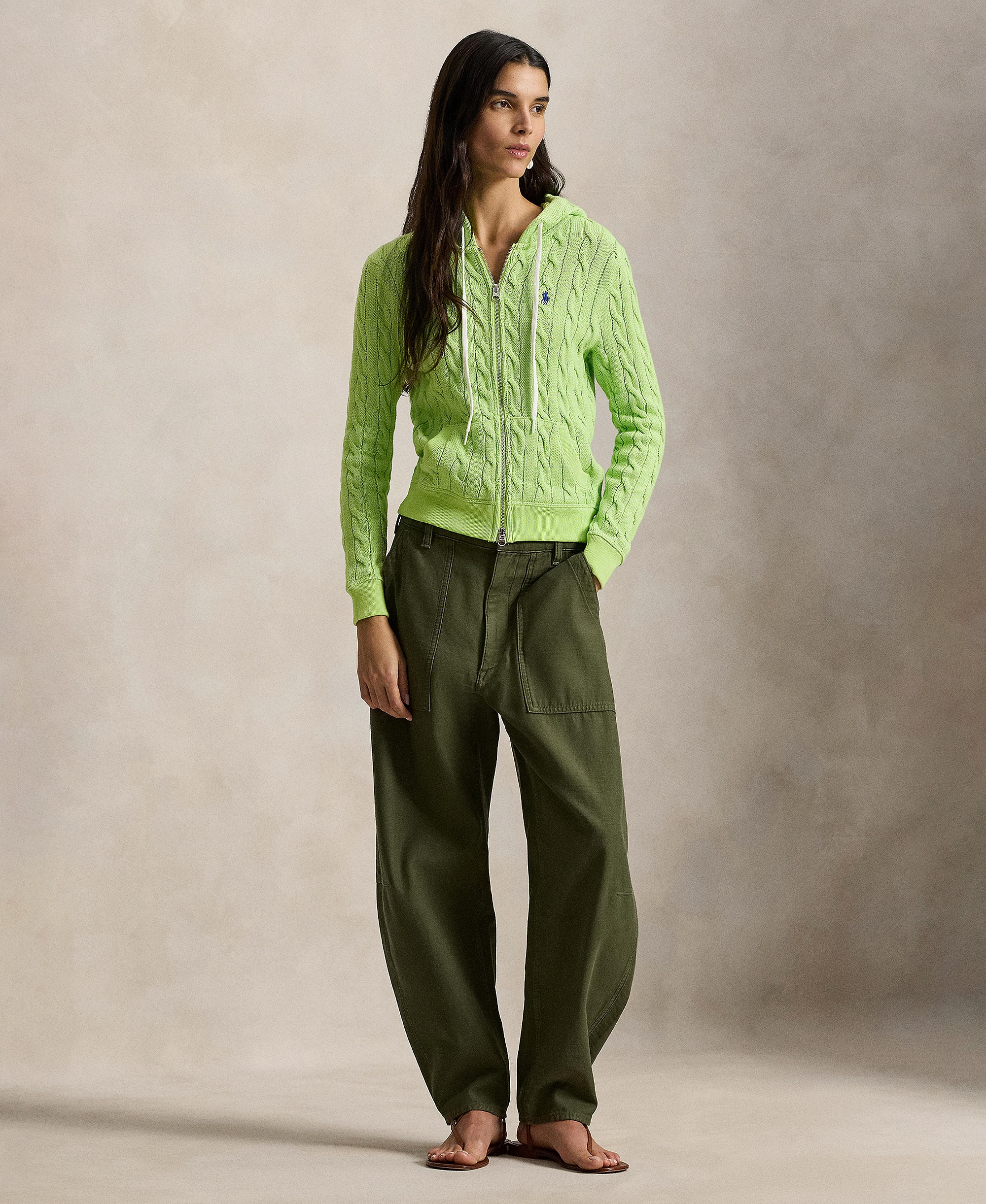 Polo Ralph Lauren Women's Cable-Knit Cotton Full-Zip Hoodie Sweater - Apple Green