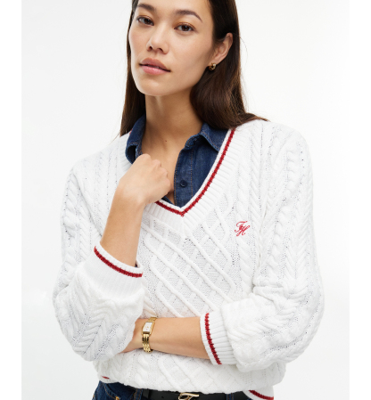 Tommy Hilfiger Women's Cable-Knit V-Neck Sweater - Ecru