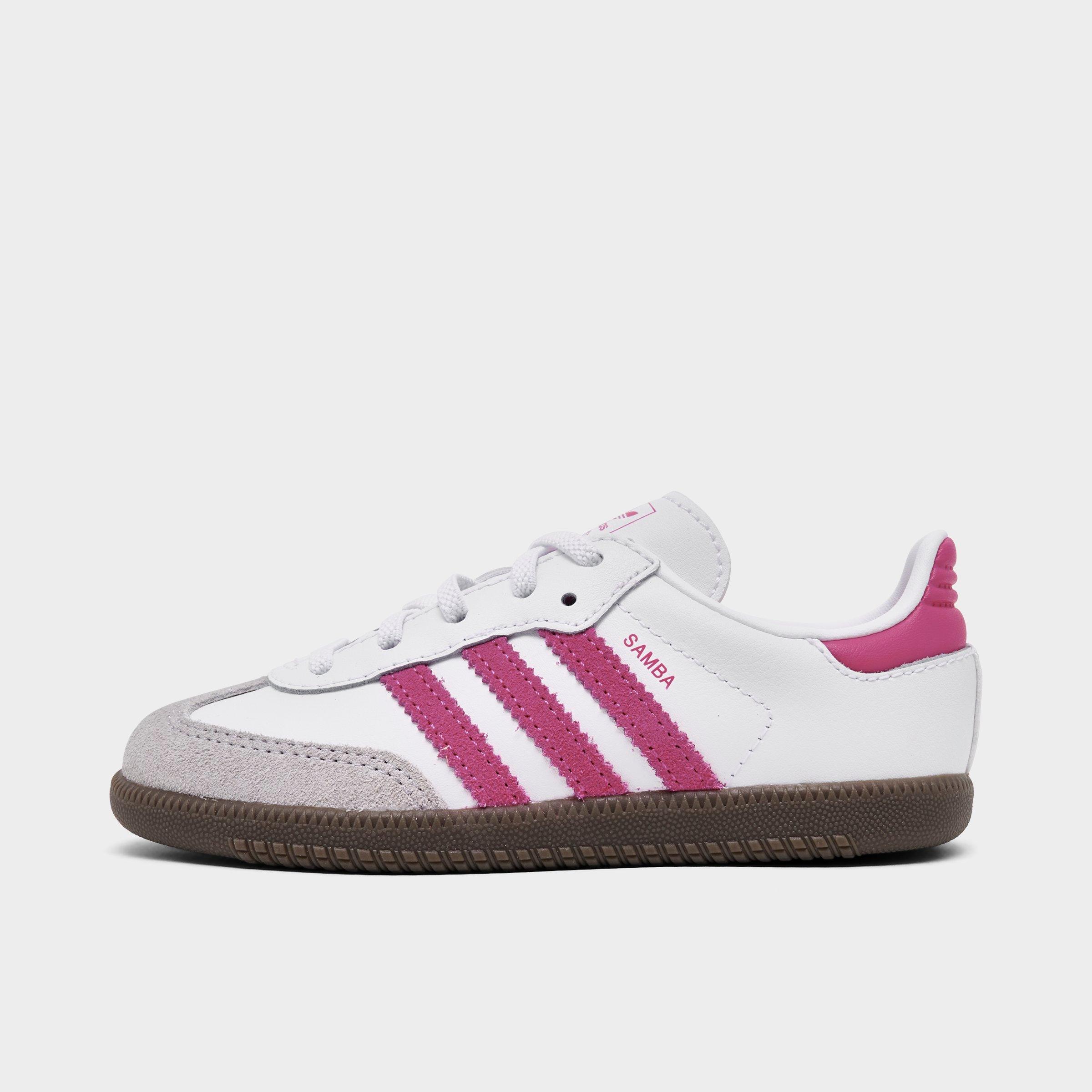 Kids' Toddler adidas Originals Samba OG Stretch Lace Casual Shoes - Footwear White/Real Magenta/Gum - Left shoe facing left. Outside of the shoe.