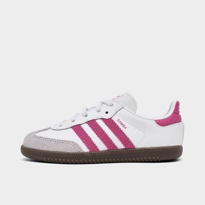 Kids' Toddler adidas Originals Samba OG Stretch Lace Casual Shoes - Footwear White/Real Magenta/Gum - Left shoe facing left. Outside of the shoe.
