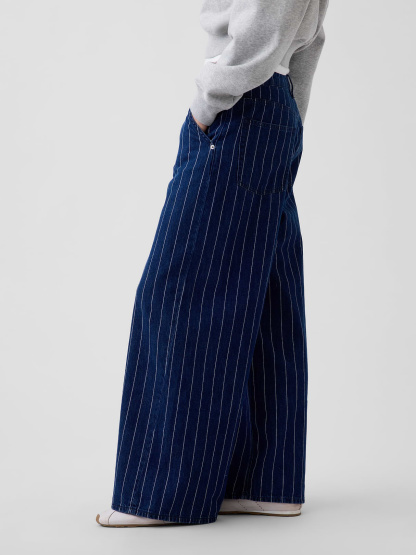 Mid Rise Denim Stripe Baggy Jeans - Navy blue stripe