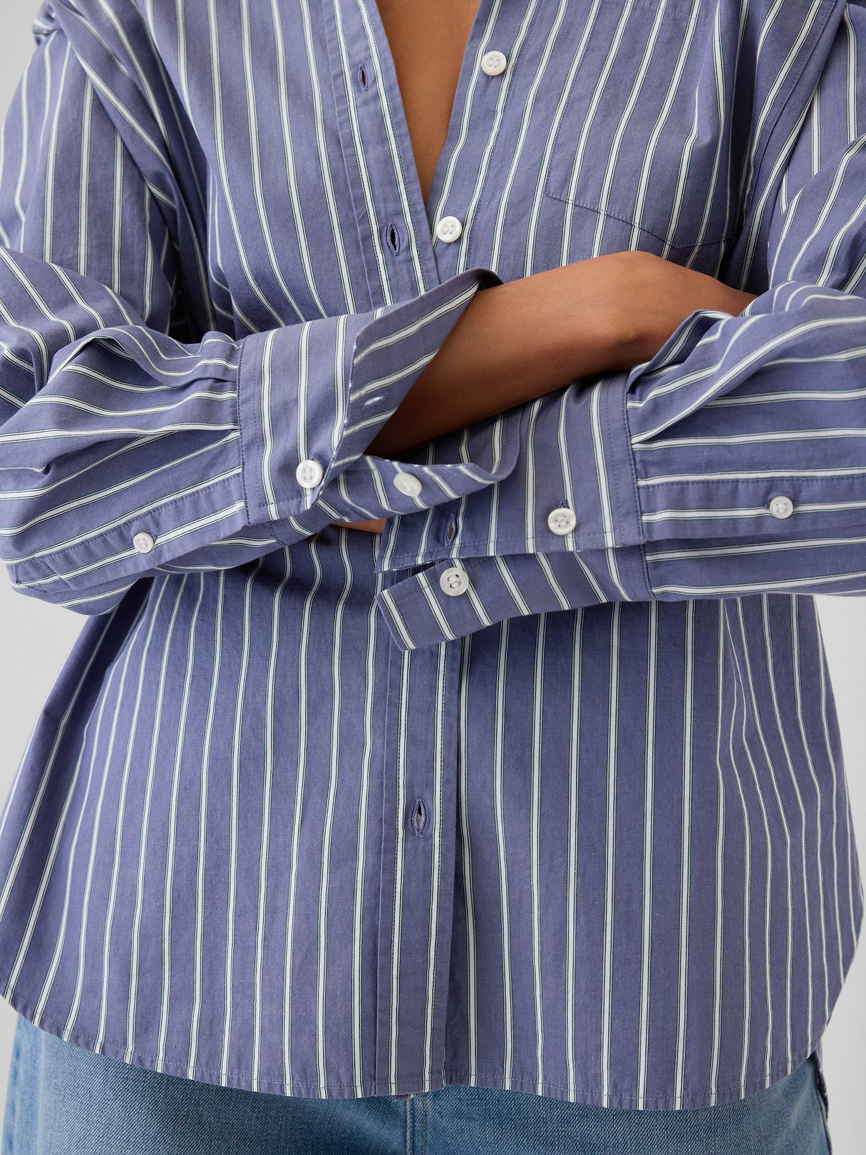 Organic Cotton Poplin Stripe Big Shirt - Blue and green stripe