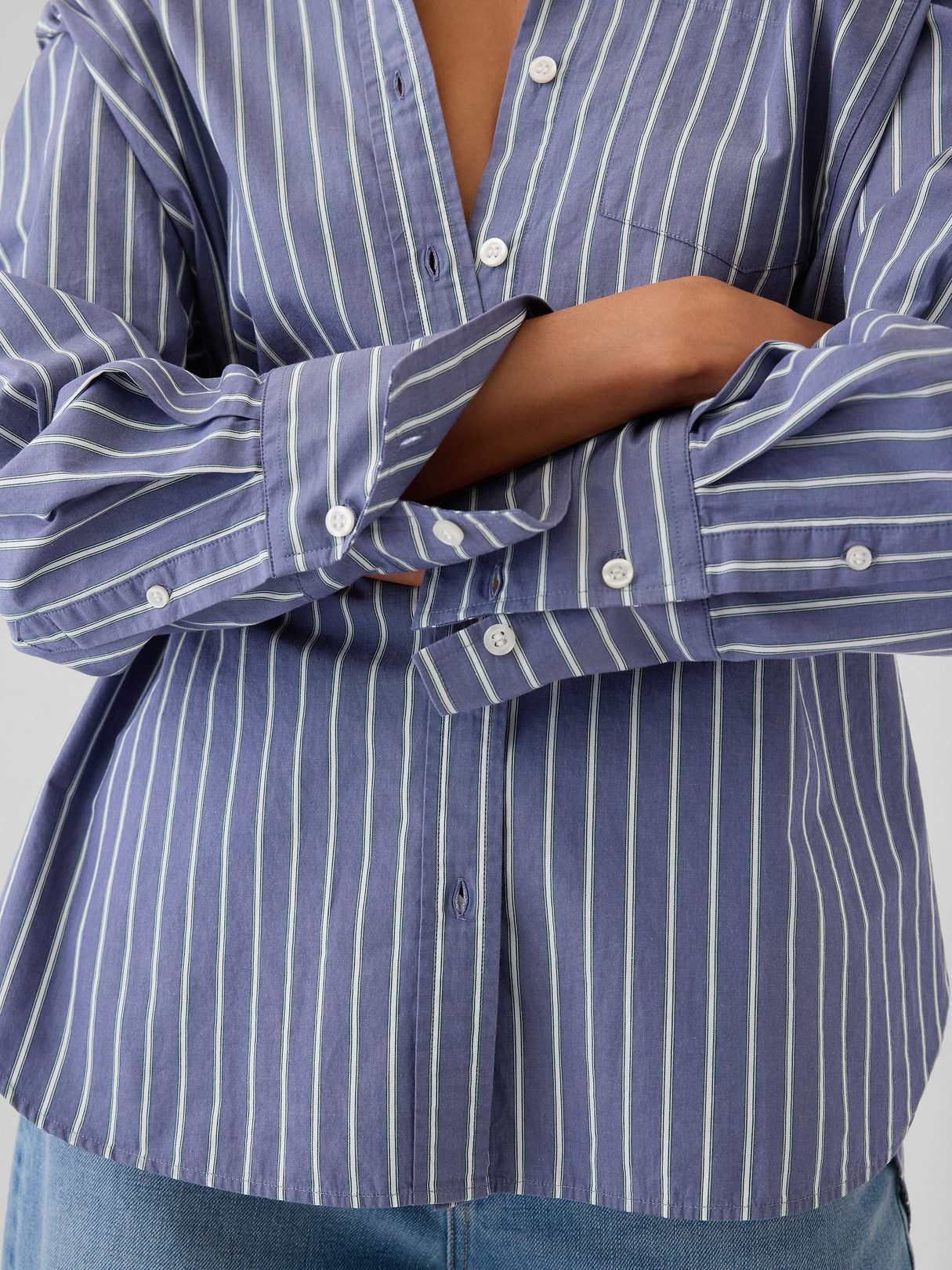 Organic Cotton Poplin Stripe Big Shirt - Blue and green stripe