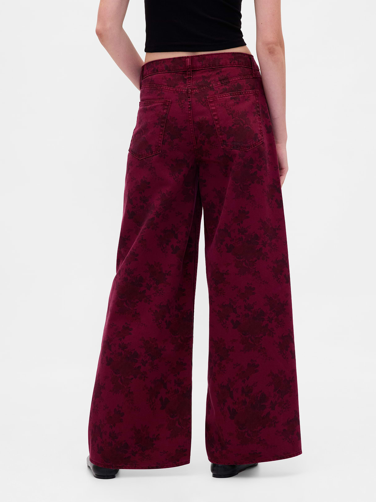 Mid Rise Denim Stripe Baggy Jeans - Red floral print