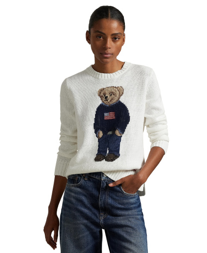 Polo Ralph Lauren Women's Polo Bear Linen-Cotton Crewneck Sweater - White