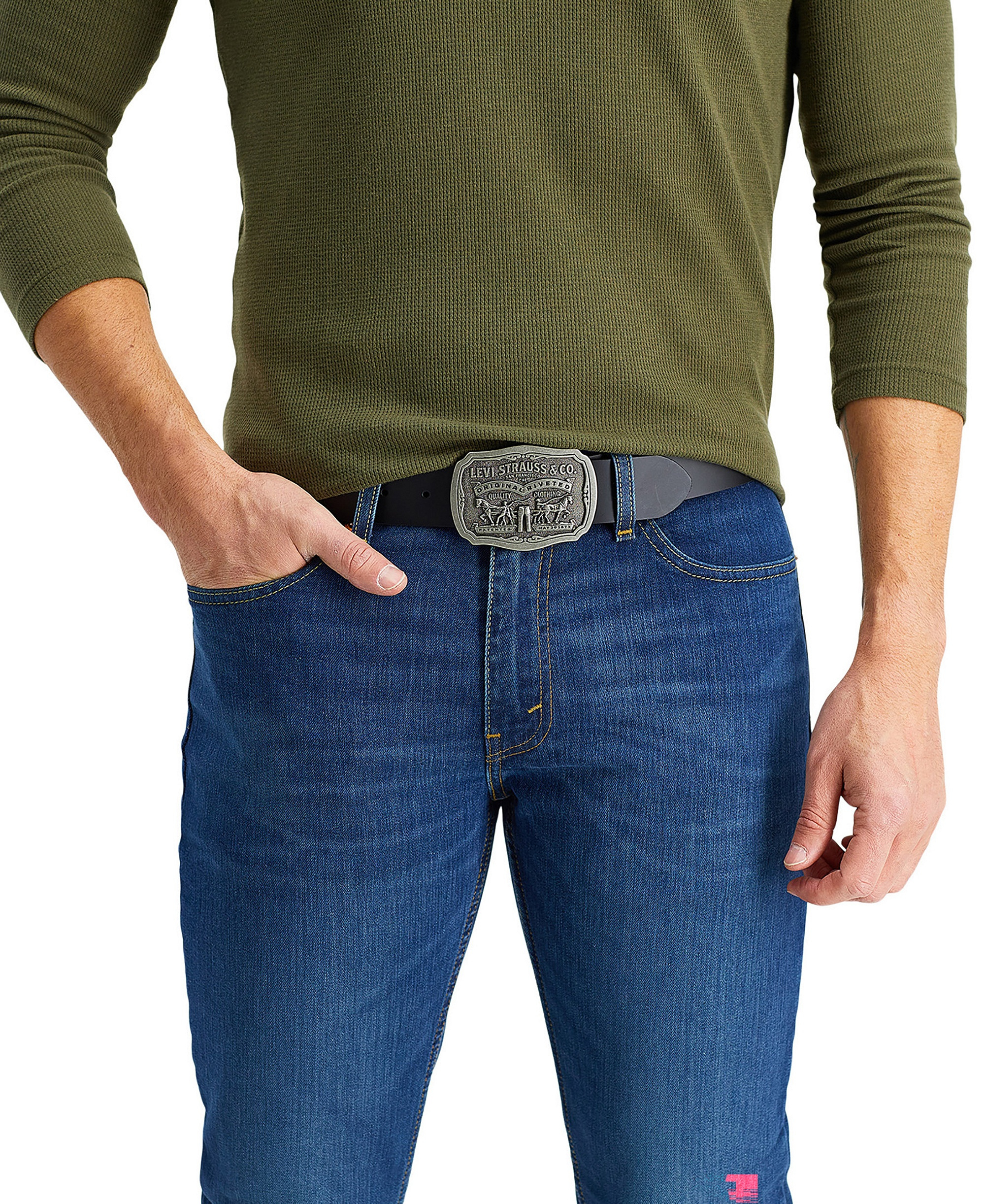 Levi's Men's Leather Belt with Plaque Buckle - Black