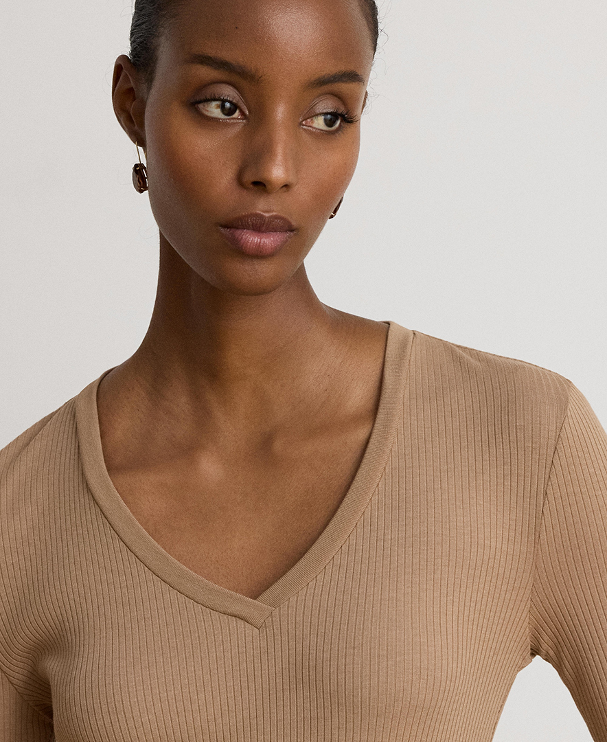 Lauren Ralph Lauren Women's Rib-Knit Long-Sleeve V-Neck Top - Lauren Camel