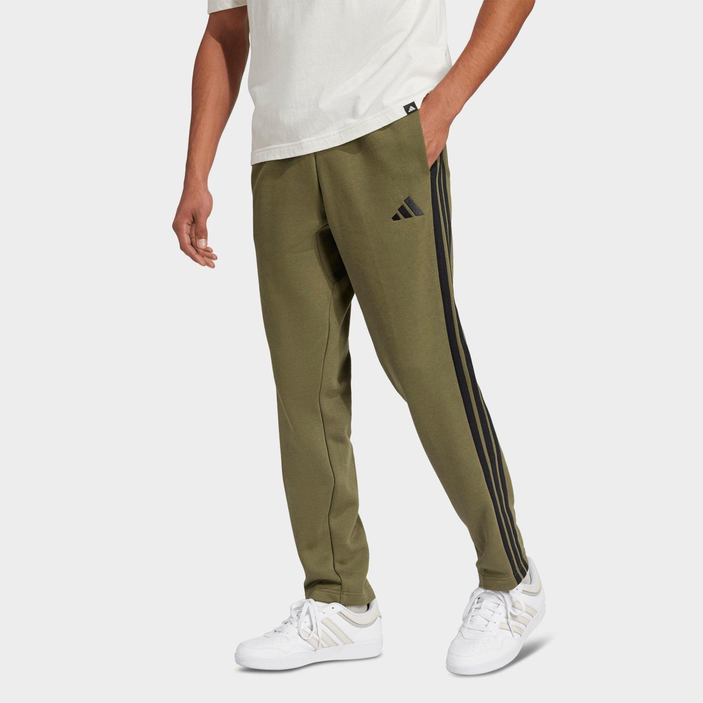 Men's adidas Essentials 3-Stripes Open Hem Fleece Pants - Olive Strata/Black