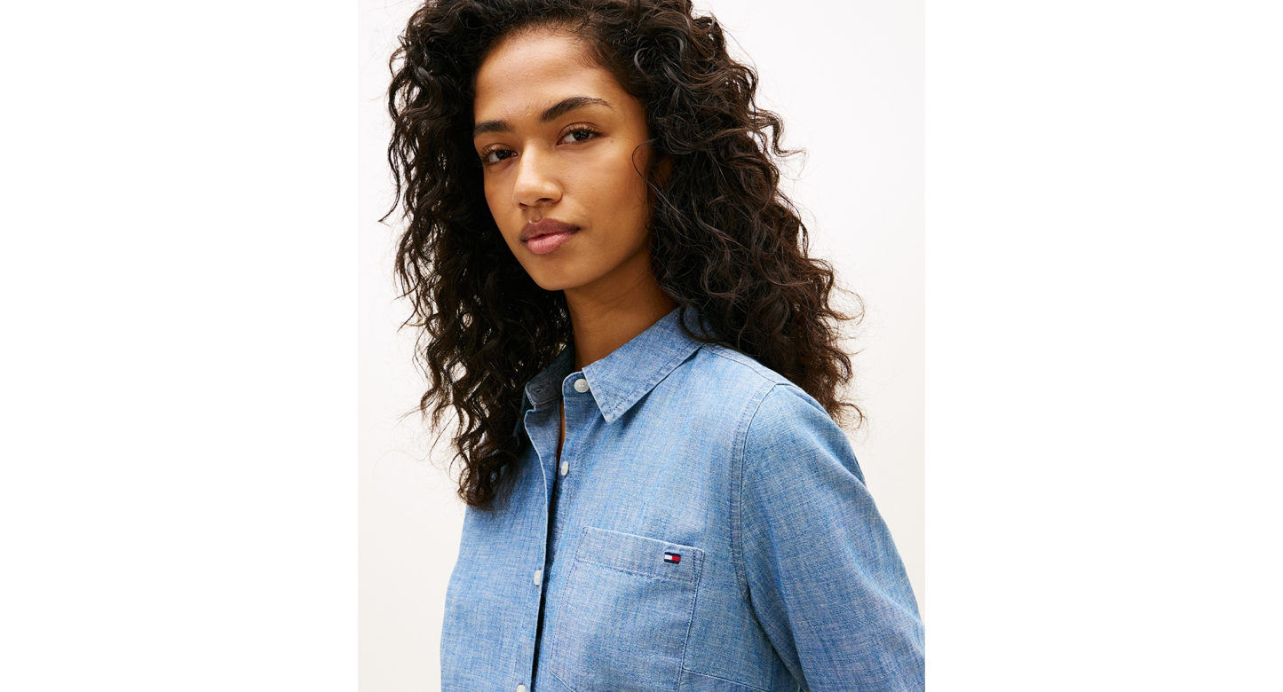Tommy Hilfiger Women's Chambray Roll-Tab Long-Sleeve Shirt - Mid Blue