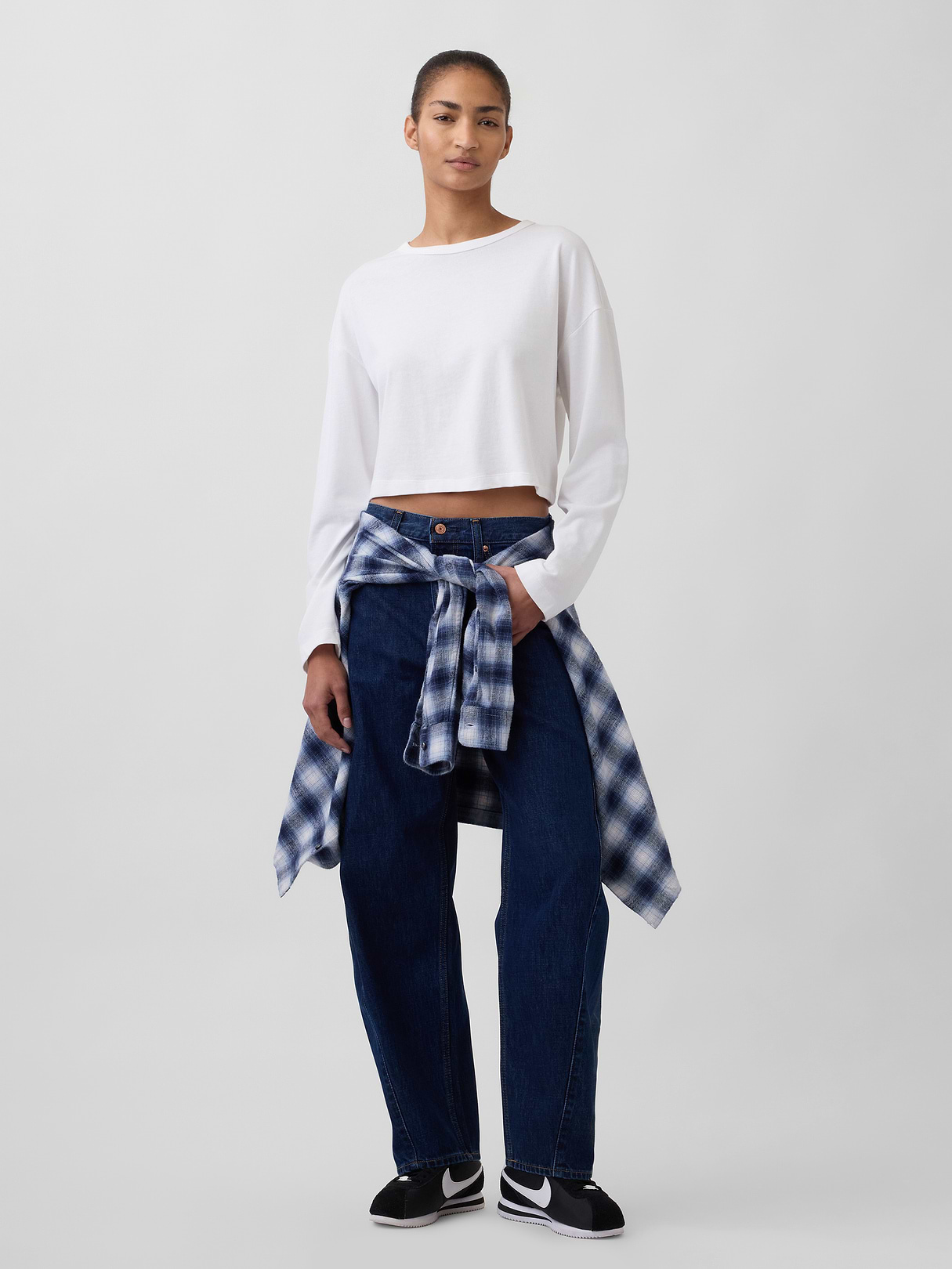 High Rise Khaki Stripe Barrel Jeans - Dark rinse