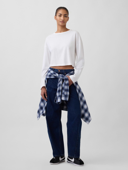 High Rise Khaki Stripe Barrel Jeans - Dark rinse
