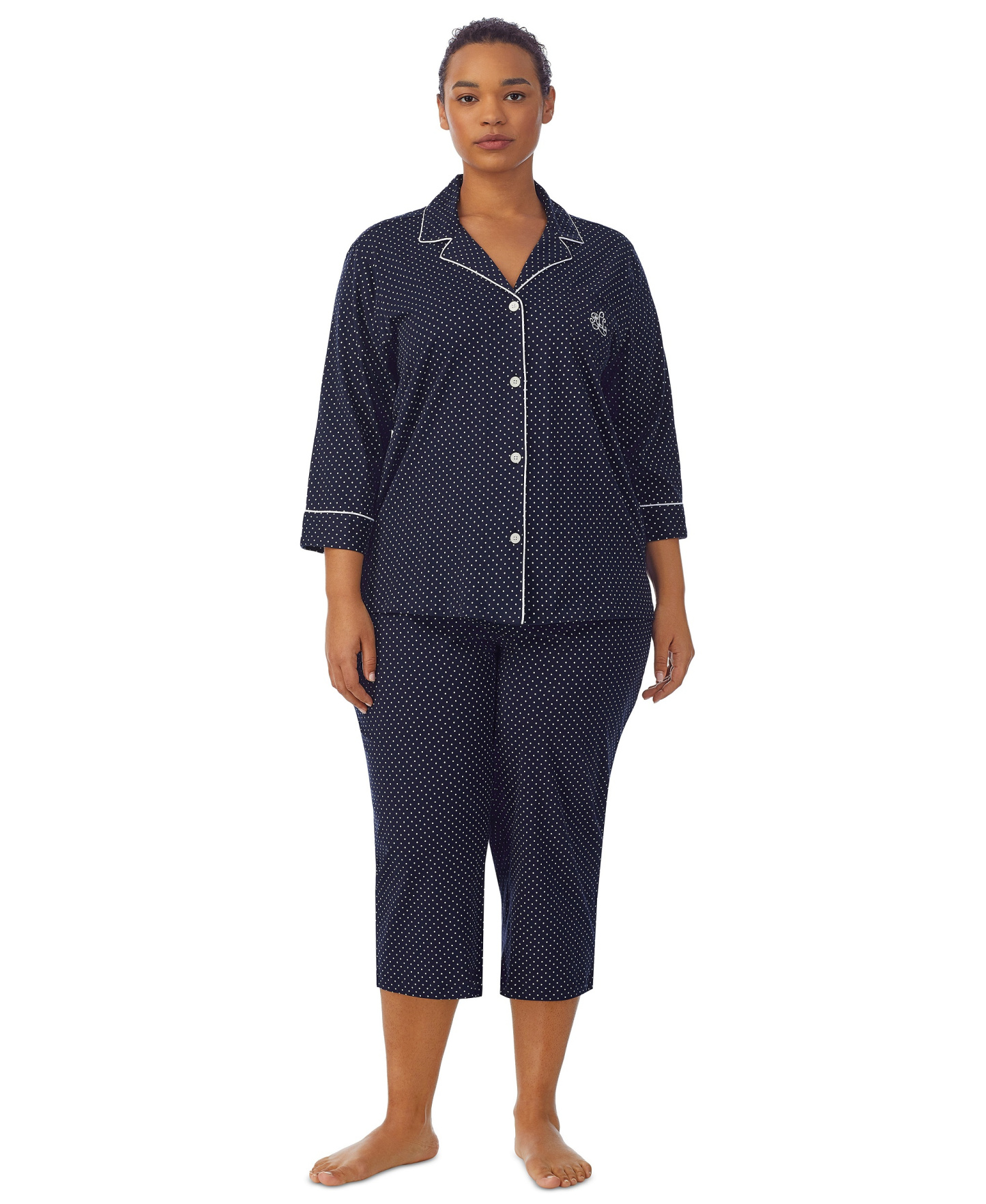 Lauren Ralph Lauren Womens 3/4 Sleeve Cotton Notch Collar Capri Pant Pajama Set - Navy Dot