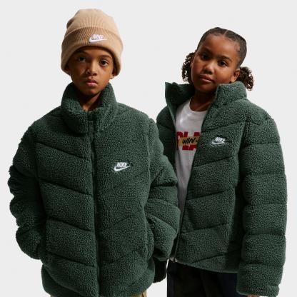 Big Kids' Nithtke Sportswear Therma-FIT Loose Sherpa Full-Zip Puffer Jacket - Camo Green/Camo Green/White