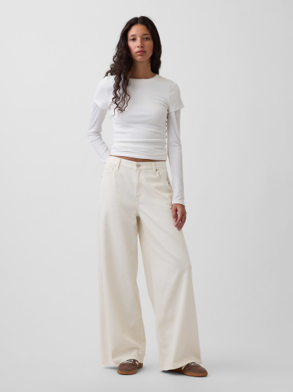 Mid Rise Denim Stripe Baggy Jeans - Ecru beige