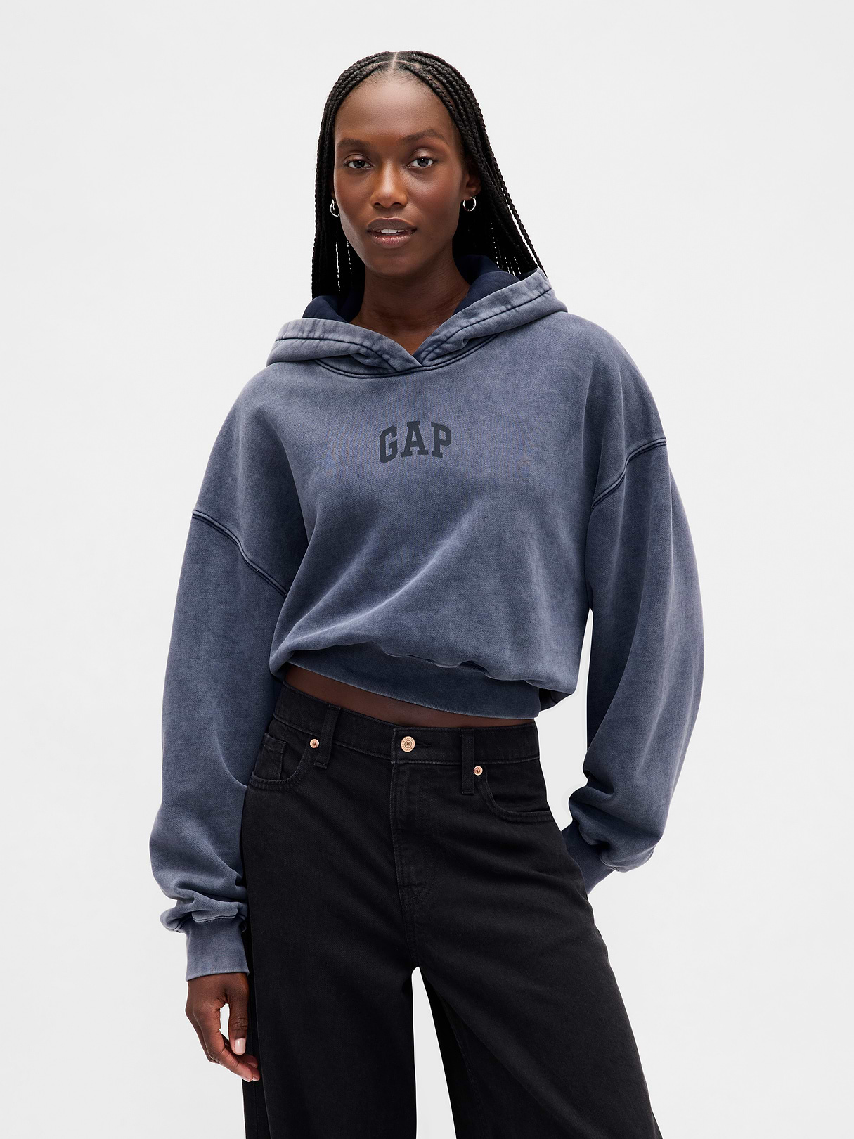 VintageSoft Crop Logo Hoodie - Tapestry navy blue wash