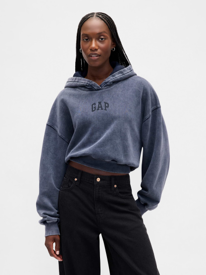 VintageSoft Crop Logo Hoodie - Tapestry navy blue wash