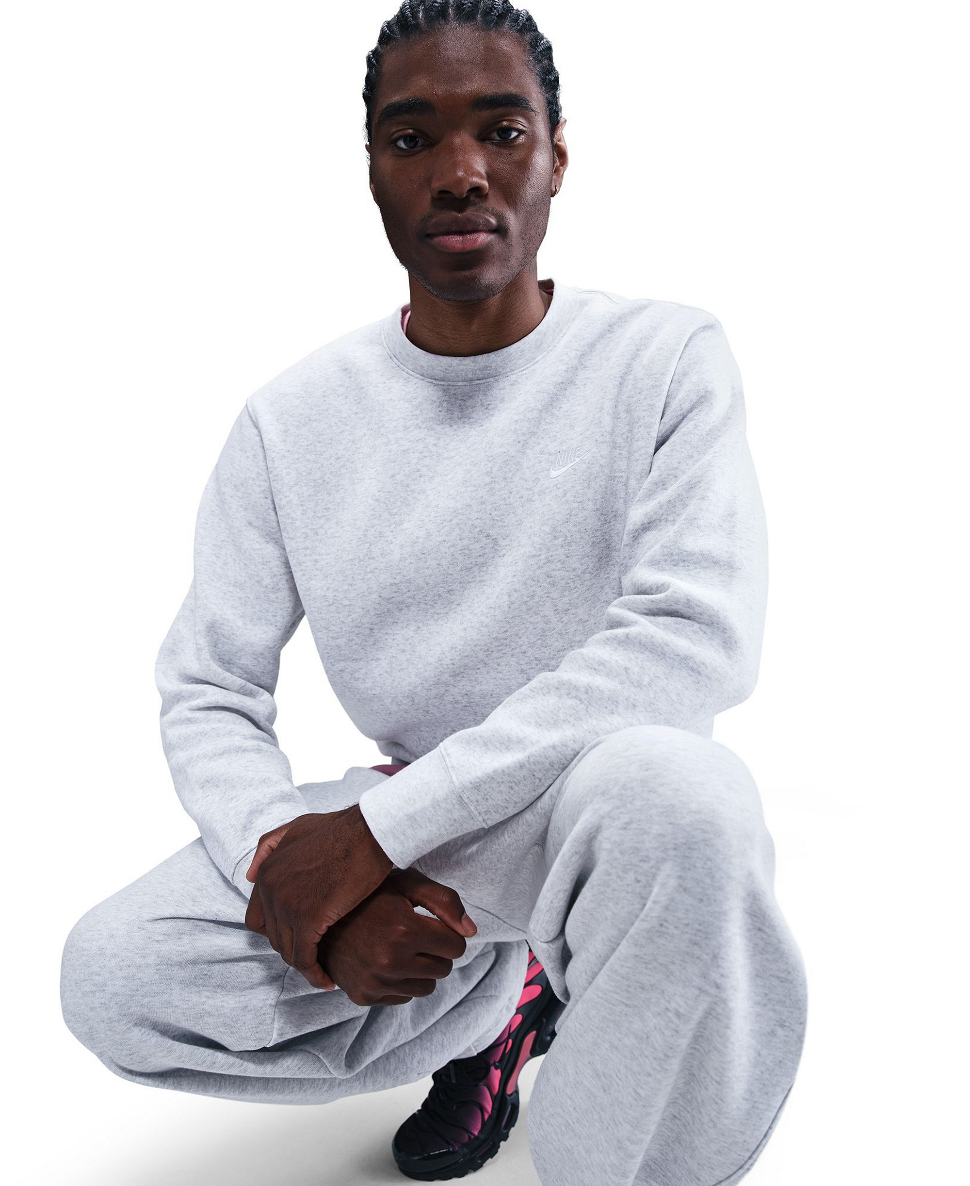 Nike Men's Club Fleece Crewneck Logo Sweatshirt - Birch Heather/White