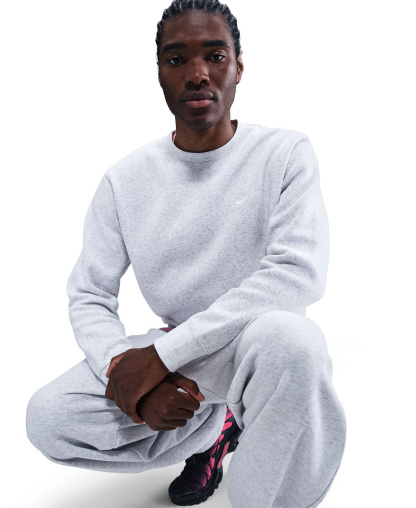 Nike Men's Club Fleece Crewneck Logo Sweatshirt - Birch Heather/White