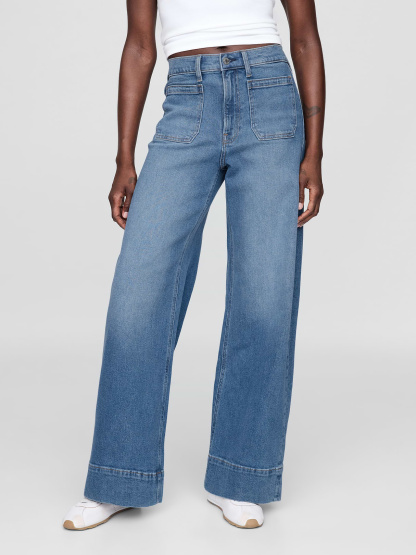 High Rise Stride Cuffed Wide-Leg Jeans - Medium wash
