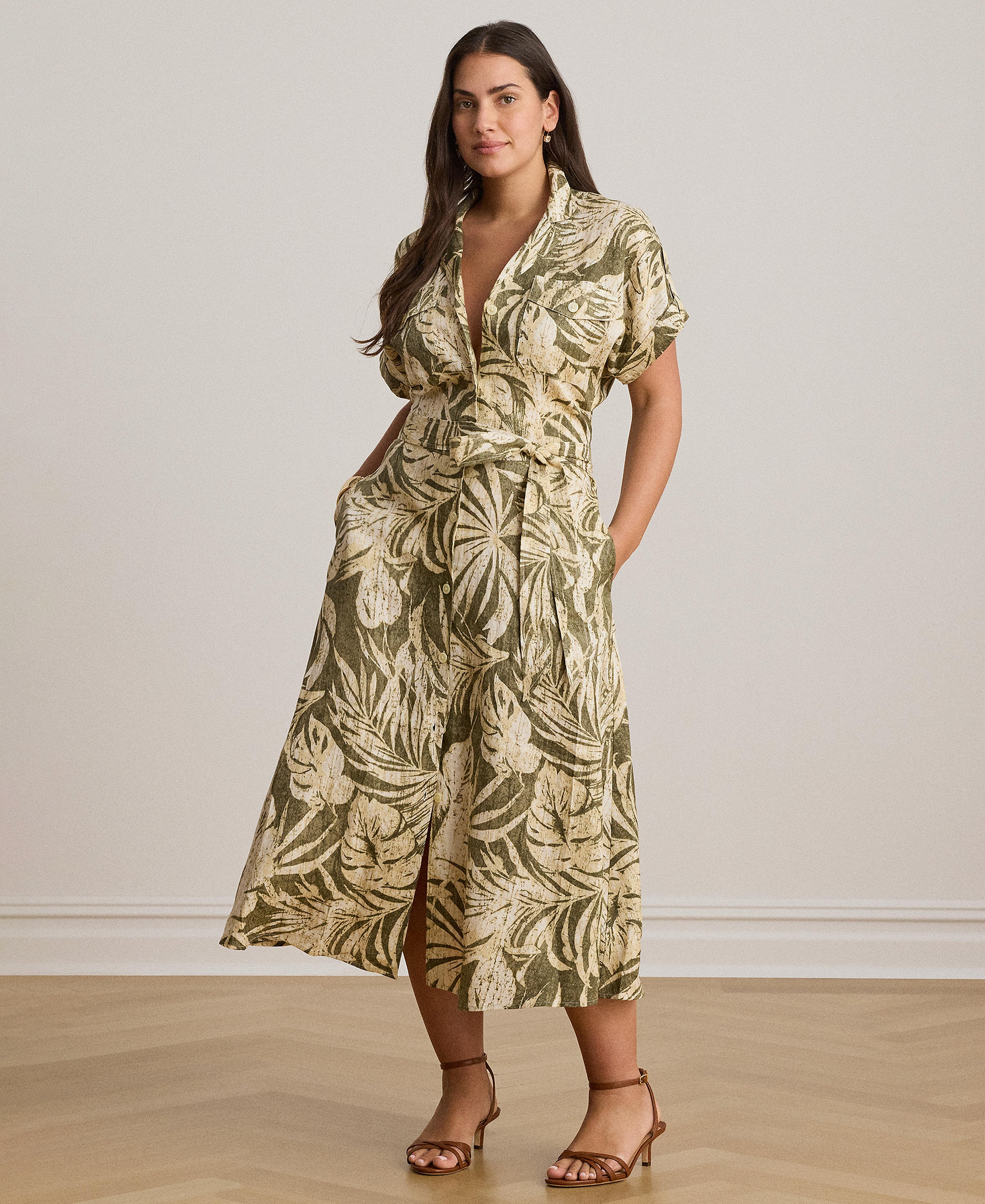 Lauren Ralph Lauren Women's Palm-Frond-Print Camp Collar Shirt-Dress - Olive Multi