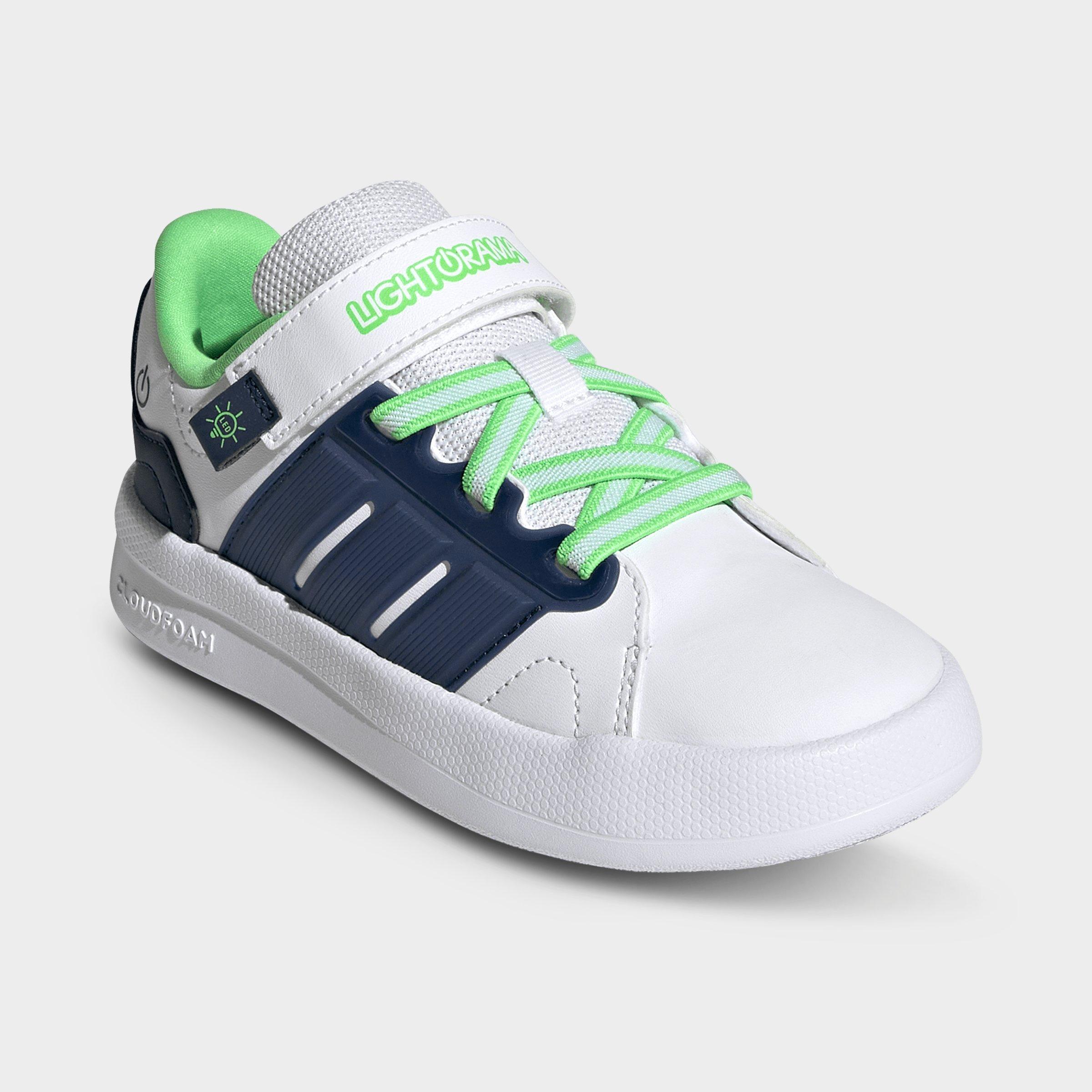 Little Kids' adidas x Minecraft Lightorama Court Stretch Lace Hook-And-Loop Casual Shoes - Cloud White/Night Indigo/Screaming Green - Both shoes facing left