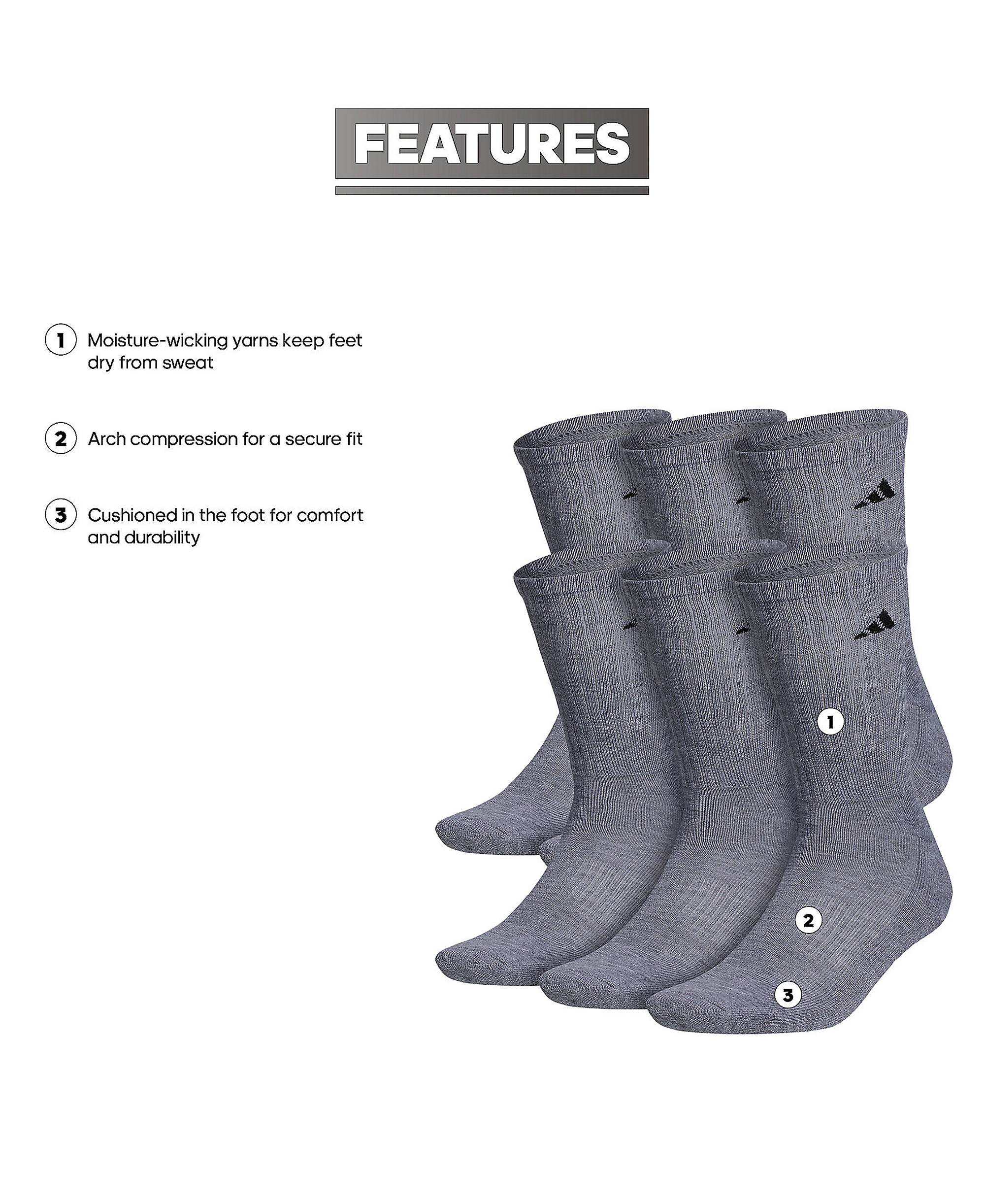 adidas Men's Cushioned Athletic 6-Pack Crew Socks - Medium Grey
