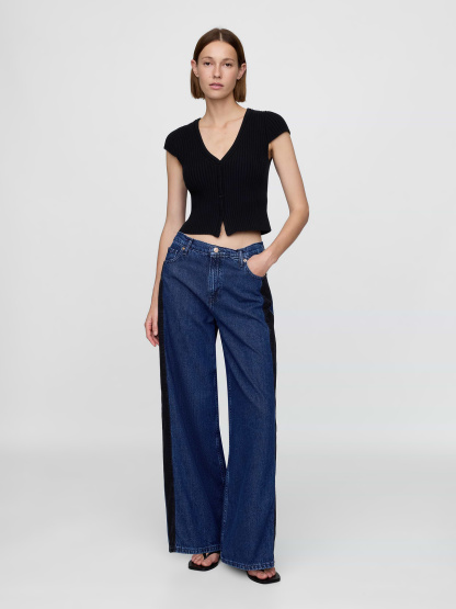 Mid Rise Denim Stripe Baggy Jeans - Side stripe medium wash