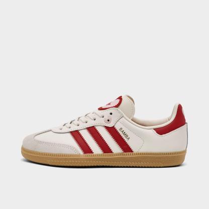 Girls' Little Kids' adidas Originals Samba OG Valentine's Day Casual Shoes - Cream White/Better Scarlet/Gum - Left shoe facing left. Outside of the shoe.