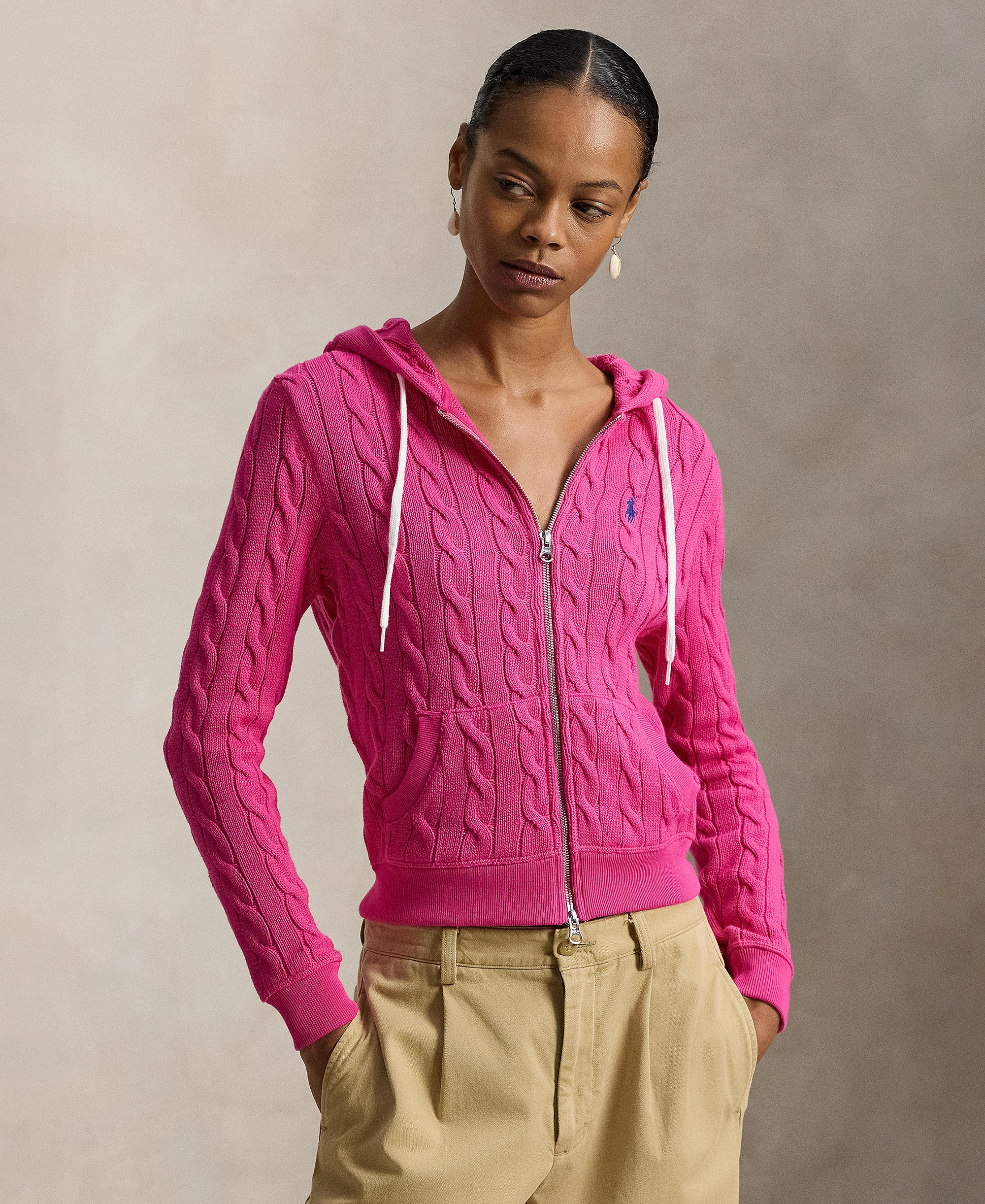 Polo Ralph Lauren Women's Cable-Knit Cotton Full-Zip Hoodie Sweater - Accent Pink