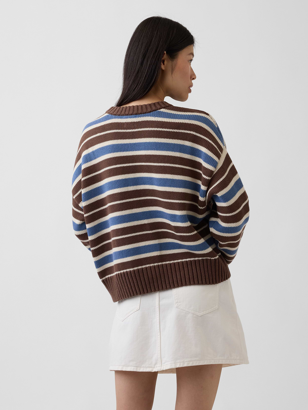 100% Cotton Oversized Crop Sweater - Brown & blue stripe