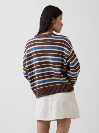 100% Cotton Oversized Crop Sweater - Brown & blue stripe