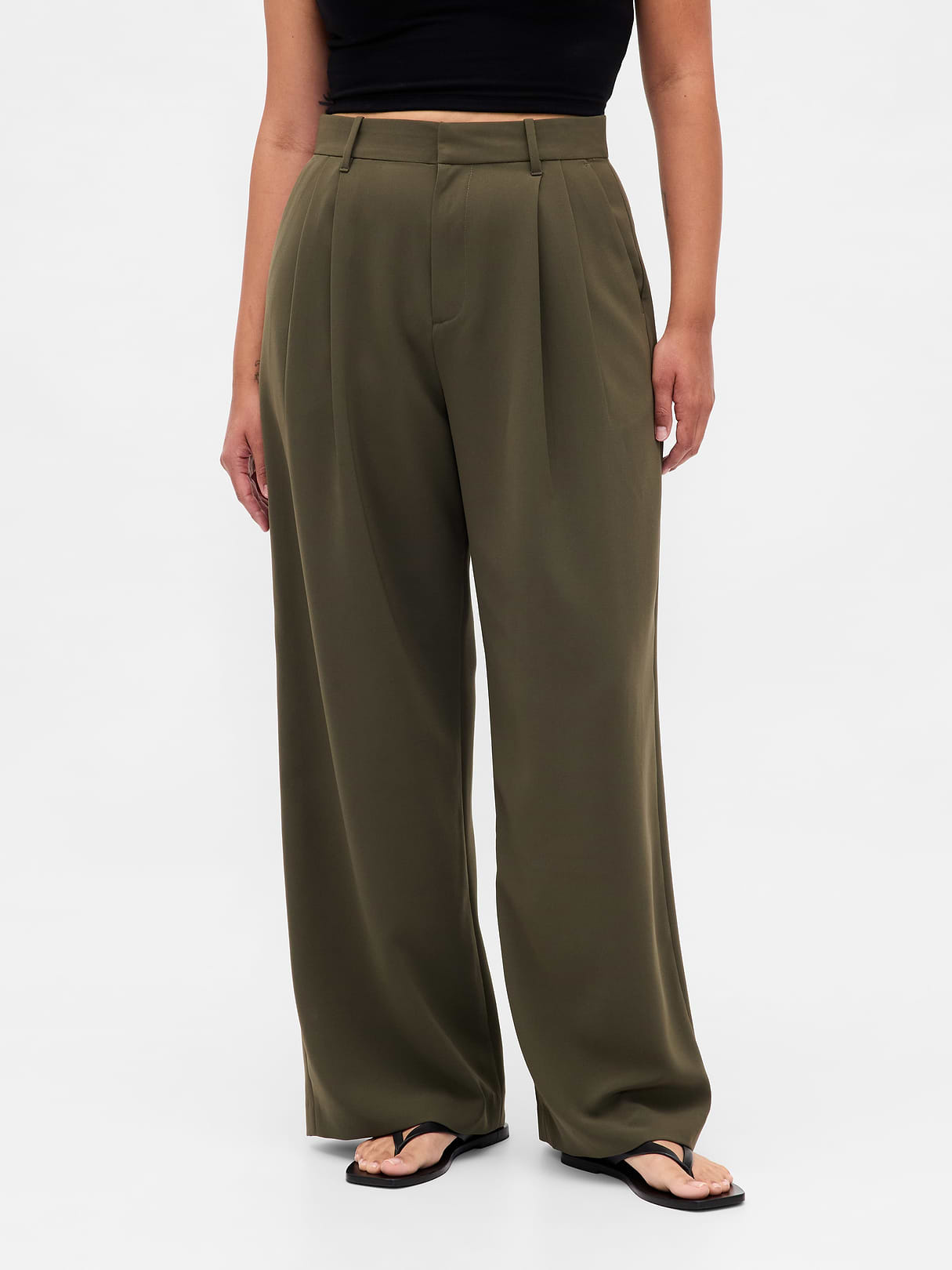 Curvy 365 High Rise Pleated Trousers - Black moss green