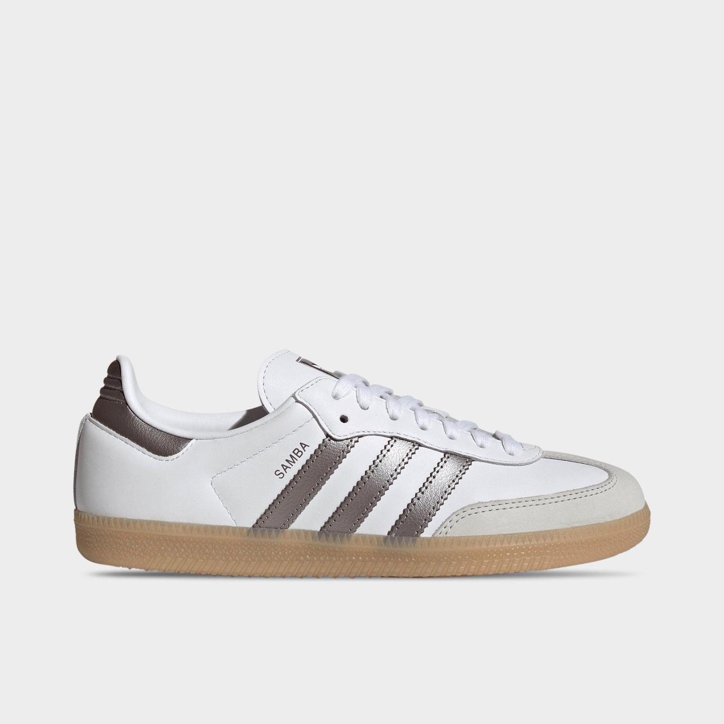 Women's adidas Originals Samba OG Casual Shoes - Part 2 - Cloud White/Coffee Metallic/Gum - Left shoe facing left. Outside of the shoe.