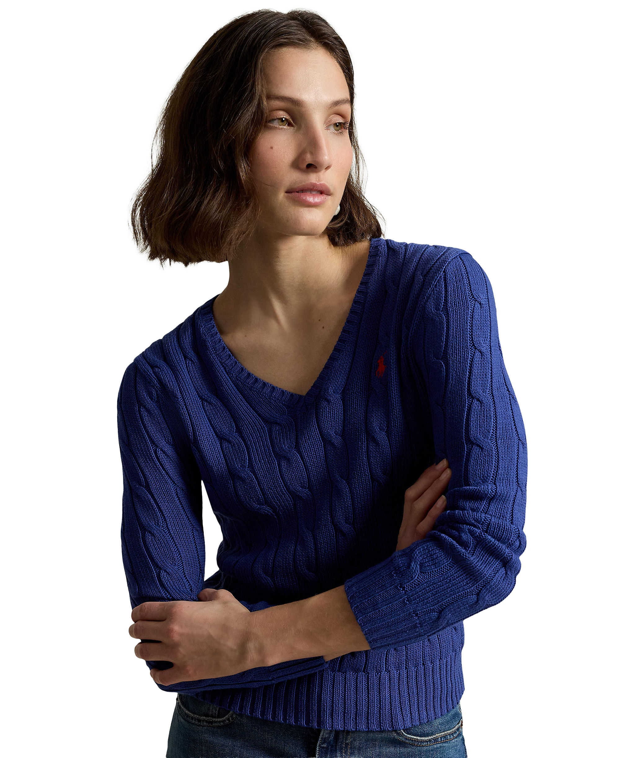 Polo Ralph Lauren Women's Cable-Knit Cotton V-Neck Sweater - Charter Blue