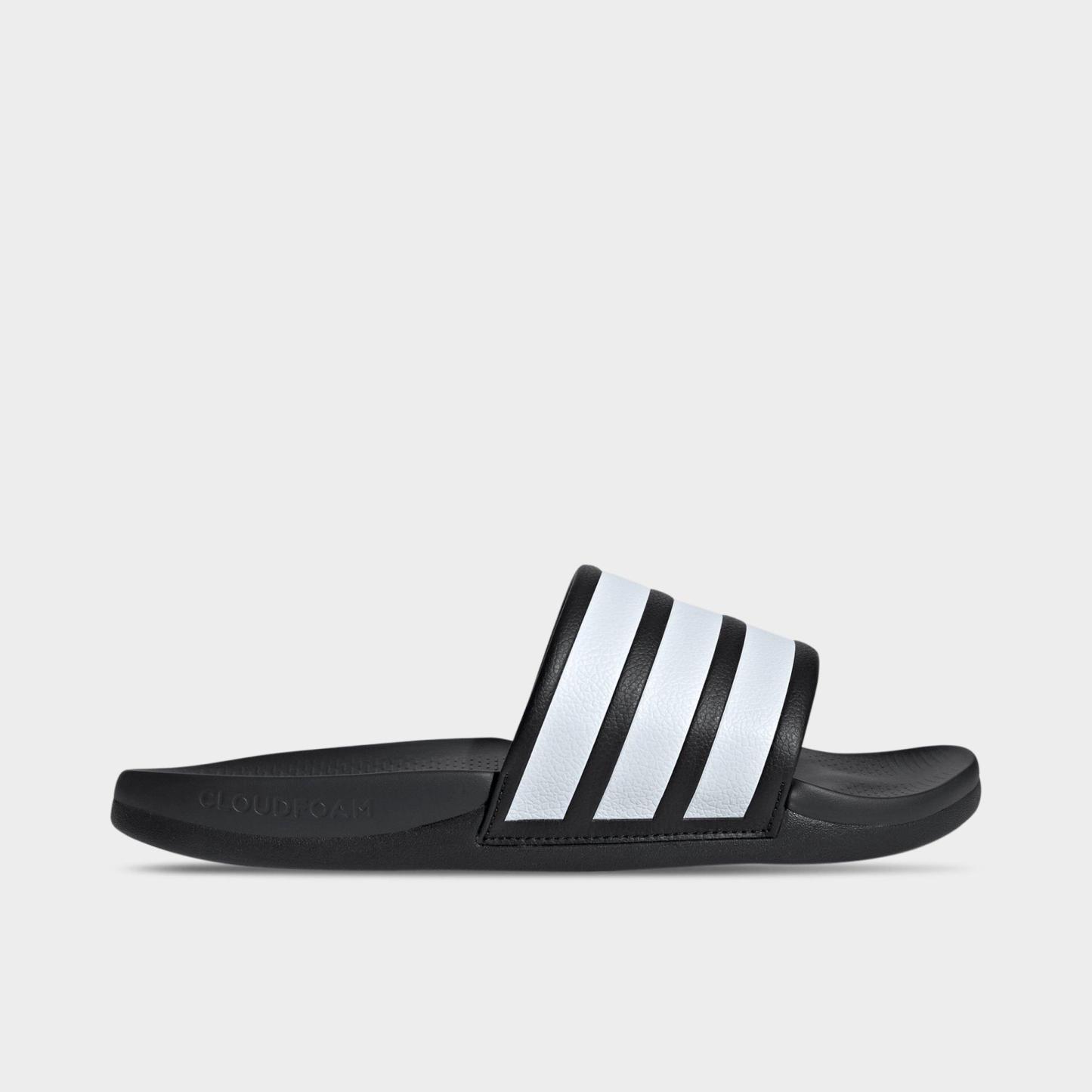 Women's adidas Adilette Comfort 2.0 Slide Sandals - Core Black/Cloud White/Carbon - Left shoe facing left. Outside of the shoe.