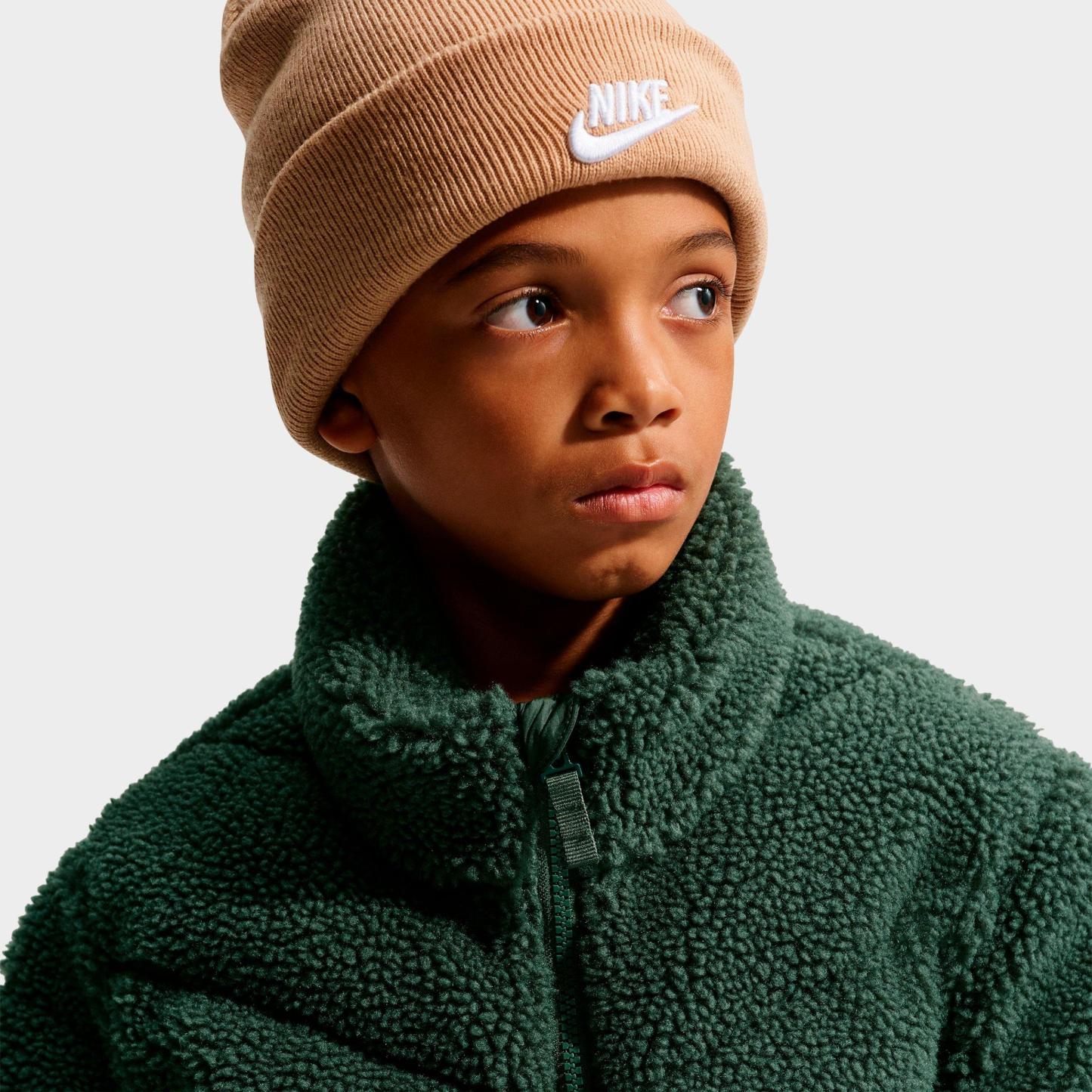 Big Kids' Nithtke Sportswear Therma-FIT Loose Sherpa Full-Zip Puffer Jacket - Camo Green/Camo Green/White
