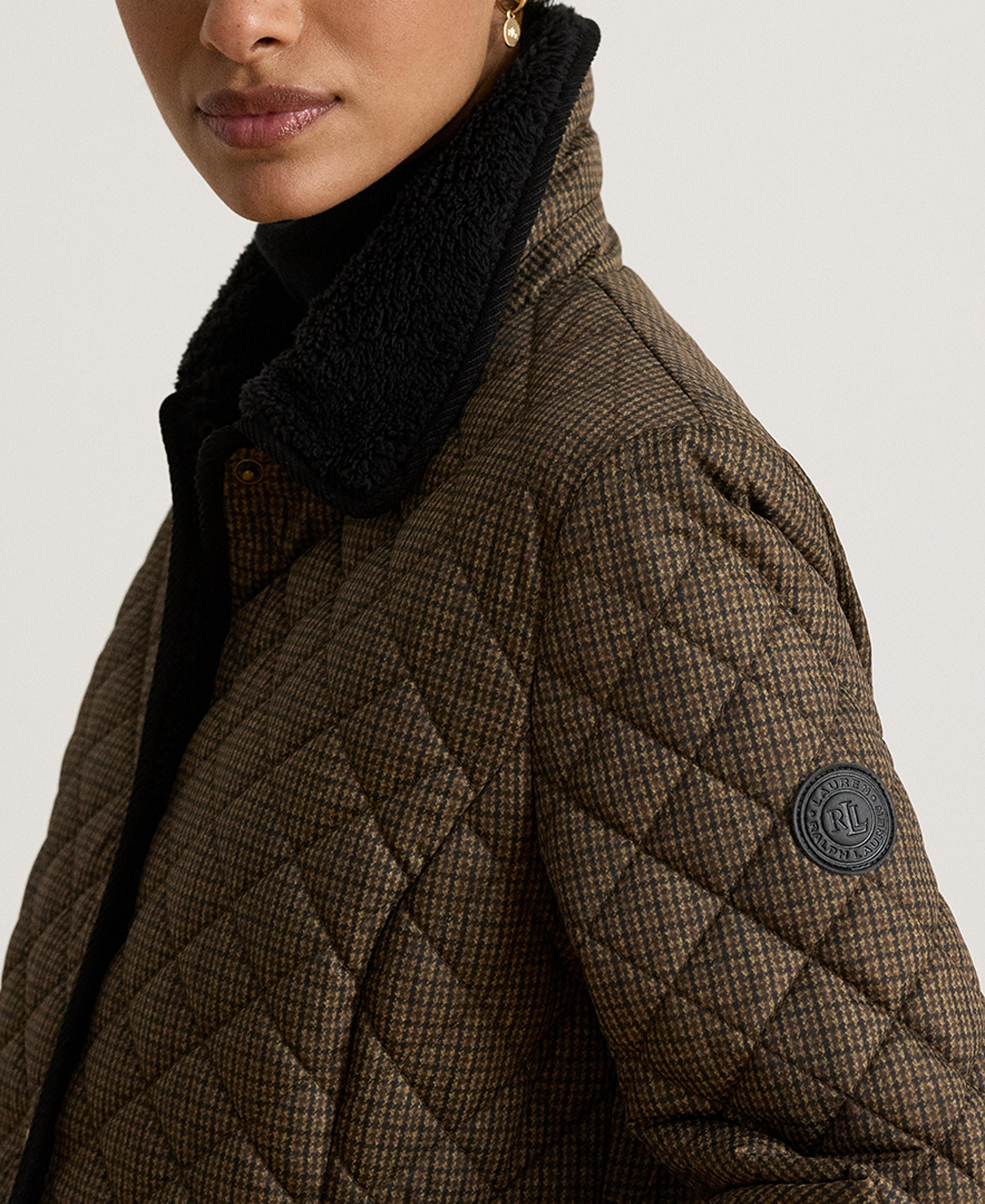 Lauren Ralph Lauren Women's Faux-Sherpa-Collar Quilted Coat, Created for Macy's - Brown Mini Check