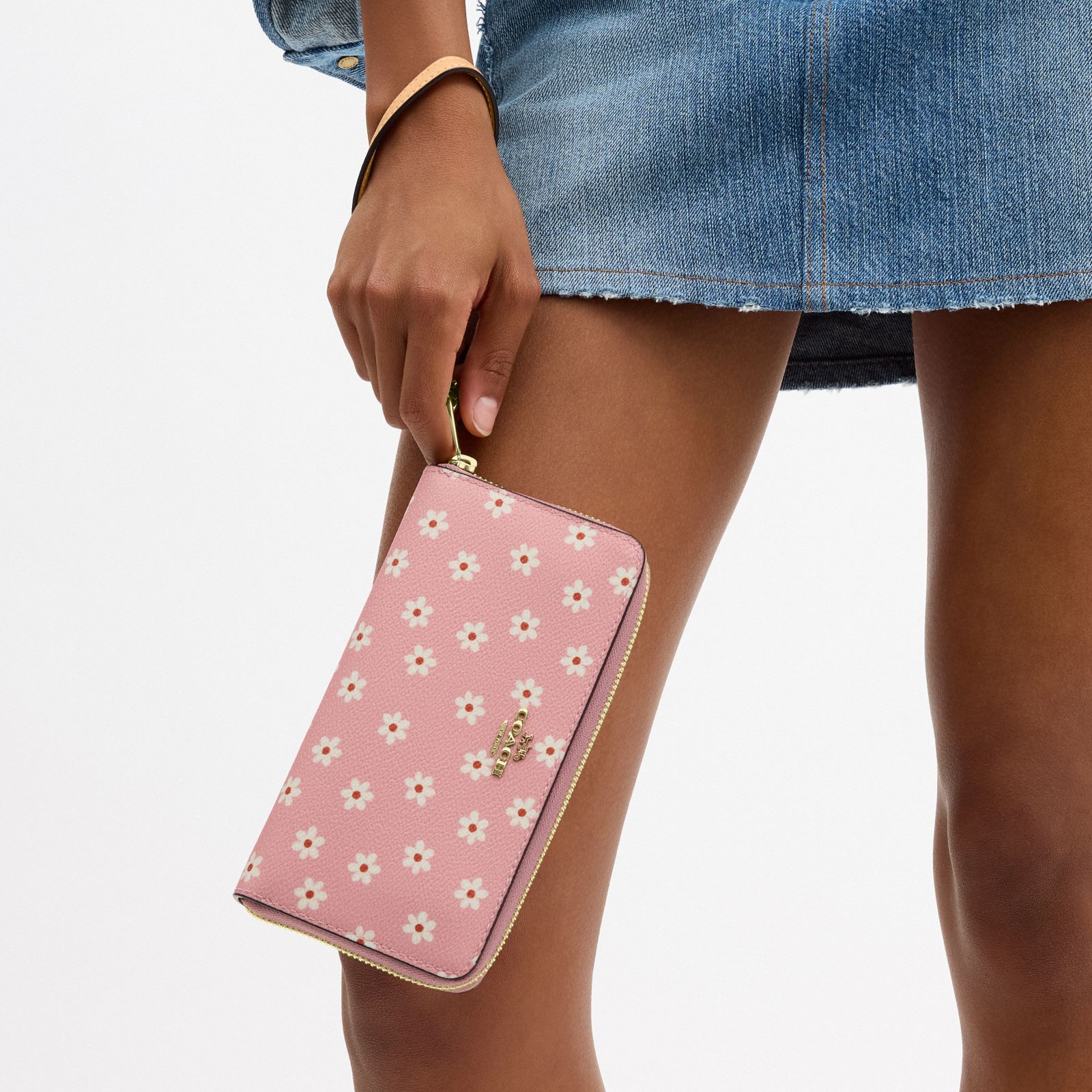 Long Zip Around Wallet With Floral Print - Gold/Pink Multi - view 2