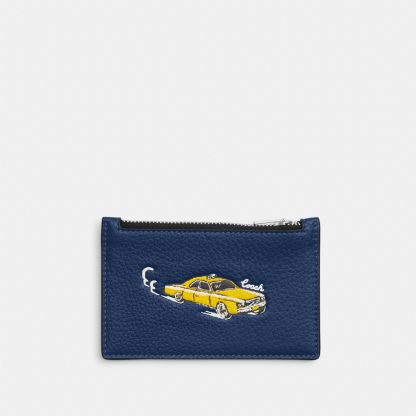 Zip Card Case With Car Print - Silver/Deep Blue Multi