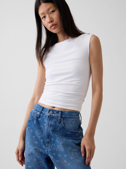 High Rise Barrel Cargo Jeans - Blue bandana print