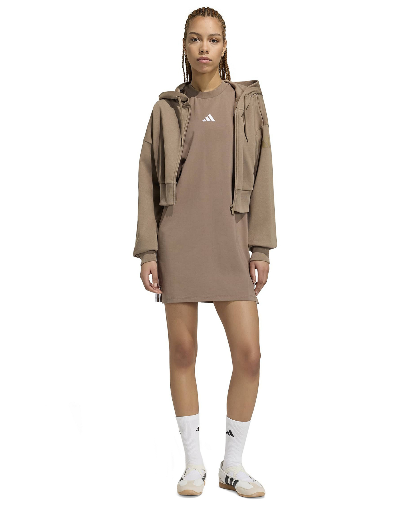 adidas Women's 3-Stripes Crewneck T-Shirt Dress - Khaki Six/White