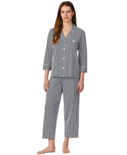 Lauren Ralph Lauren Womens 3/4 Sleeve Cotton Notch Collar Capri Pant Pajama Set - Navy Stripe