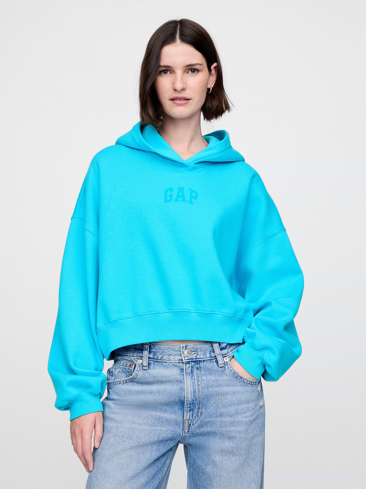 VintageSoft Crop Logo Hoodie - True cyan blue